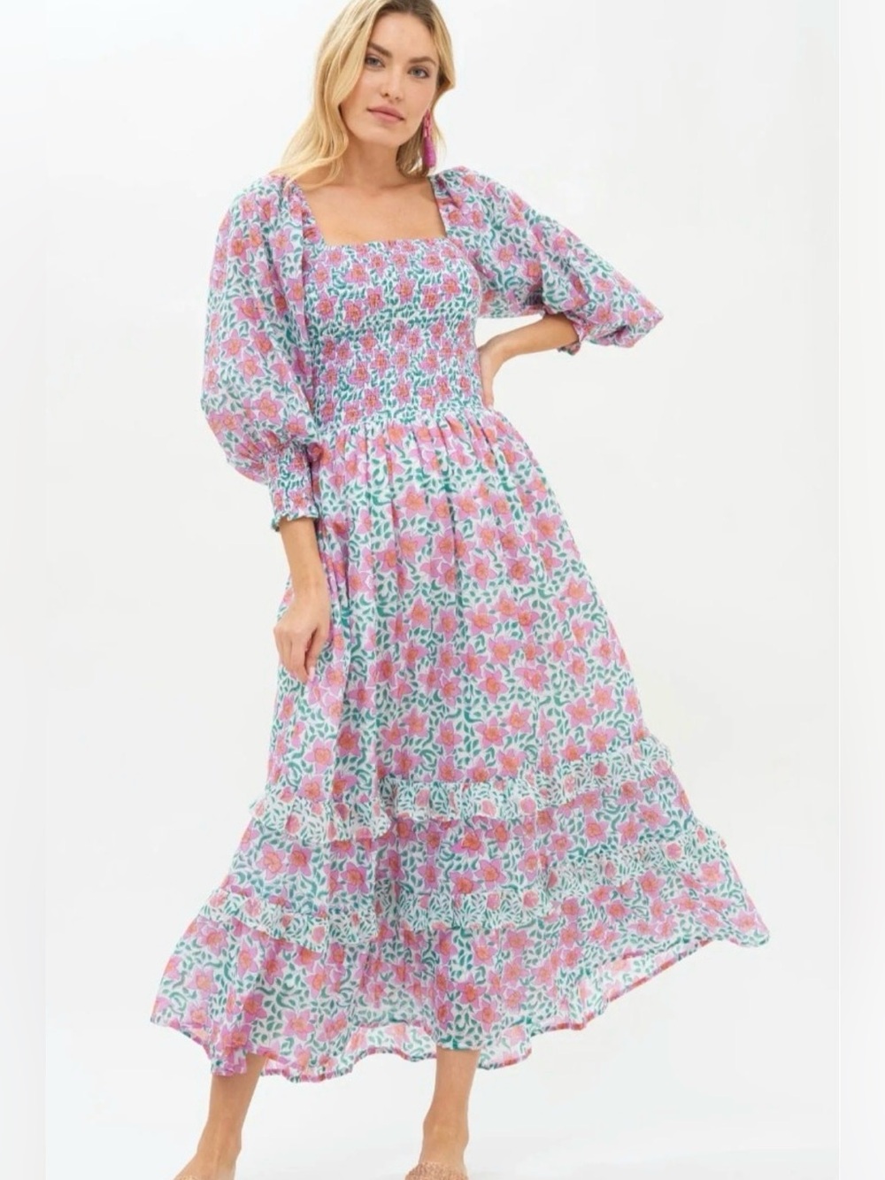 Oliphant Smocked Top Ruffle Midi Dress Zohar Blue NWT Rare Find Size S $298